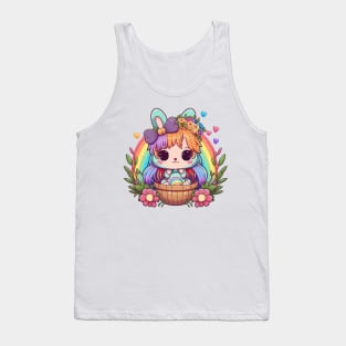 Anime Easter Bunny Girl In Basket. Spring Flowers and Easter Eggs, Rainbow Tank Top